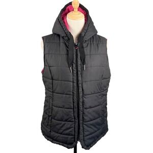 Athletech M Puffer Vest Black Pink Hooded Quilted Zip Up Sporty Layering Retro